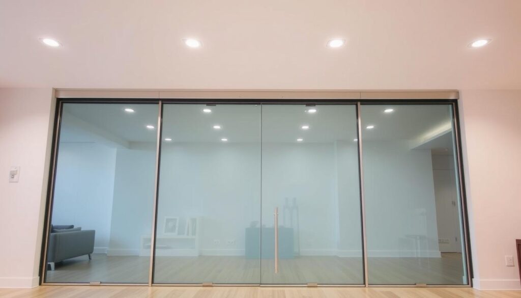 A spacious, well-lit room showcases a sleek, modern sliding door system. The tempered glass panels glide effortlessly on a sturdy, chrome-finished track, seamlessly blending form and function. Carefully engineered hinges and rollers ensure smooth, whisper-quiet operation, while the clean, minimalist design complements the room's contemporary aesthetic. Soft, diffused lighting from recessed ceiling fixtures accentuates the glass's translucency, creating a warm, inviting atmosphere. The door system's precise engineering and attention to detail are evident, making it the centerpiece of this elegantly designed living space.