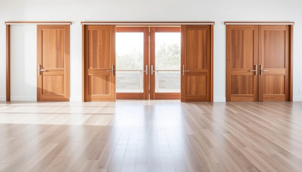 A spacious, well-lit room showcases an array of elegant wooden sliding doors. In the foreground, a single-panel sliding door with a subtle wood grain texture glides smoothly on a sleek, concealed track system. Behind it, a pair of double-panel sliding doors with minimalist metal accents flank a large, tempered glass insert, allowing natural light to pour in. The middle ground features a variety of sliding door designs, from simple single-panel options to more complex two-panel configurations, all crafted from rich, warm-toned wood. The background subtly fades, highlighting the versatility and craftsmanship of these customizable, space-saving sliding door systems.