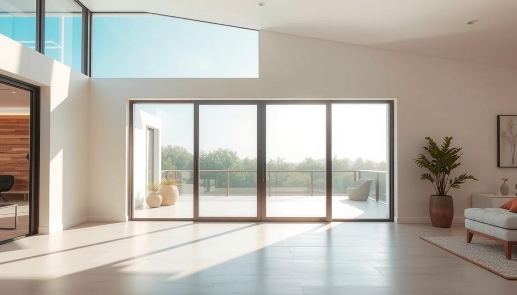 A spacious, well-lit room with a sleek, floor-to-ceiling glass sliding door as the focal point. The door appears seamless, with a minimalist, frameless design that effortlessly blends into the surrounding architecture. Sunlight streams through the expansive panels, casting a warm, inviting glow and creating a sense of openness and airiness. The door glides smoothly along its track, showcasing its efficient, space-saving functionality. The room's decor is modern and elegant, with clean lines and a neutral color palette that complements the glass door's sophisticated aesthetic. The overall scene conveys a harmonious balance between indoor and outdoor living, where the glass barrier disappears, allowing the boundaries between spaces to blur.