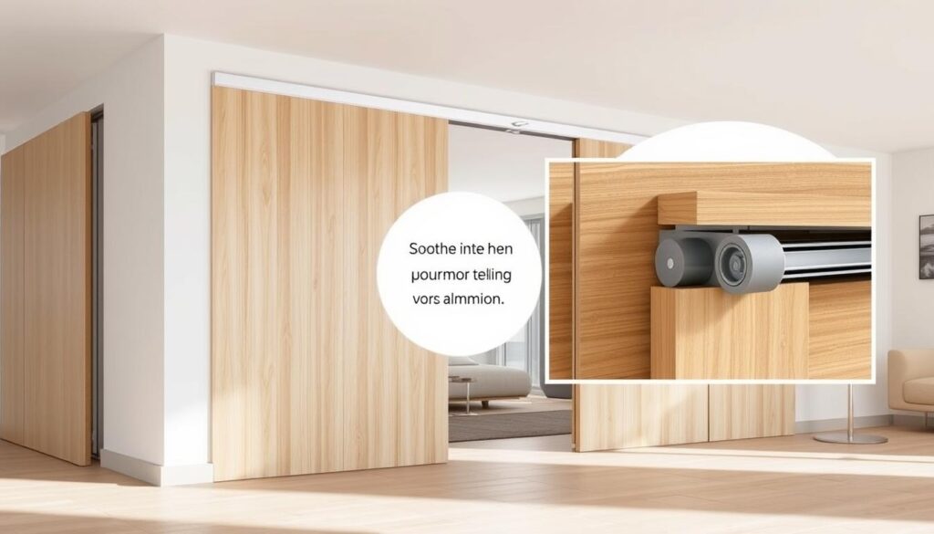 A spacious, well-lit room with modern sliding doors made of light-colored wood. The doors are flanked by sleek aluminum frames, creating a seamless and harmonious aesthetic. The mechanism is showcased, with a close-up view of the smooth, silent rollers and the concealed track system. The scene conveys a sense of effortless functionality and elegant design, perfectly suited for the "Montage, Technik und Service" section of the article on "Schiebetür Holz - Individuelle Lösungen für Ihren Wohnraum."