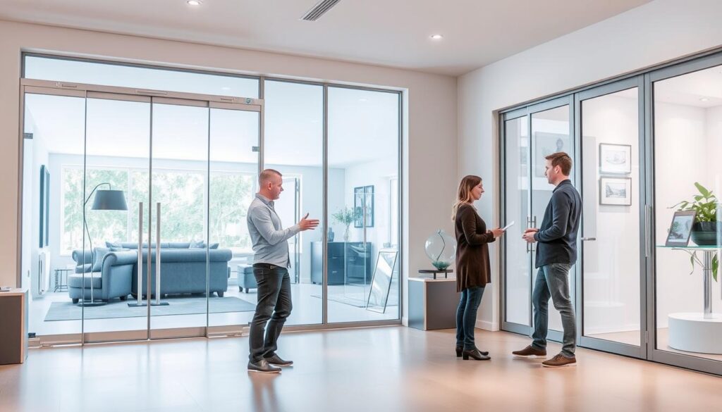 A spacious, well-lit showroom interior with gleaming glass pendulum doors taking center stage. The doors are meticulously crafted, their tempered glass panels reflecting the ambient lighting in a mesmerizing dance. In the foreground, a knowledgeable consultant gestures towards the doors, engaged in a detailed discussion with a customer. The middle ground features various glass door configurations and design options, neatly displayed for easy comparison. The background showcases a minimalist, modern aesthetic with clean lines and a calming palette, allowing the glass elements to truly shine. The overall scene conveys a sense of expertise, customization, and a seamless customer experience at Glastuerhop24.