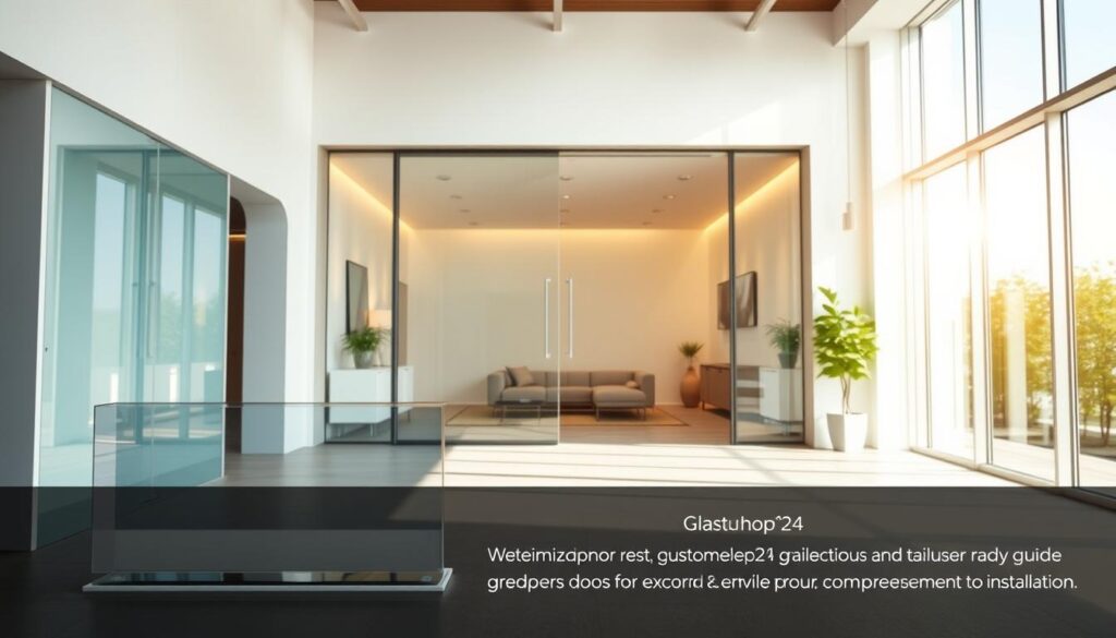 A spacious, well-lit showroom with a stunning glass door as the centerpiece. The door stands tall, its sleek, frameless design accentuated by precise measurements tailored to the space. Soft, natural lighting filters through the transparent glass, creating a warm and inviting atmosphere. In the foreground, a meticulously crafted display showcases the customization options, highlighting the attention to detail and design flexibility of Glastuerhop24. The middle ground features a modern, minimalist interior, showcasing how the glass door seamlessly integrates with the overall aesthetic. The background subtly hints at the comprehensive service, with a team of experts ready to guide the customer through the entire process, from measurement to installation.