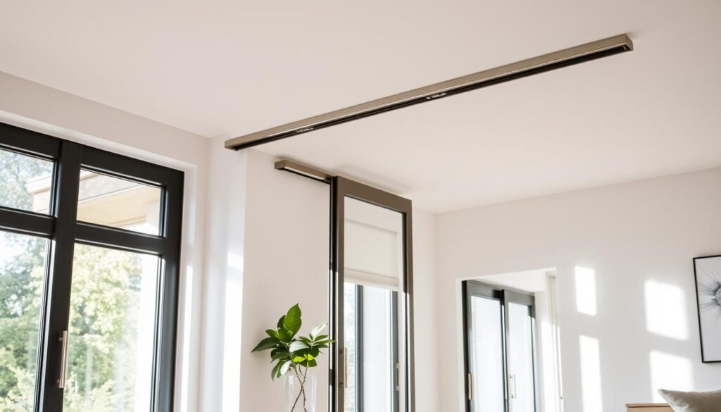 A stylish and modern sliding door system showcased in a well-lit, minimalist interior setting. The sleek, aluminum-framed glass panels glide smoothly along a discreet ceiling-mounted track, allowing for seamless transition between spaces. Subtle brushed metal hardware accents complement the clean, contemporary aesthetic. The open, airy layout is bathed in natural light filtering through large windows, creating a bright and inviting atmosphere. Carefully selected décor elements, such as a potted plant and a minimalist side table, enhance the overall harmonious design. This versatile sliding door solution offers both functional and aesthetic appeal, perfectly suited for a range of residential and commercial applications.