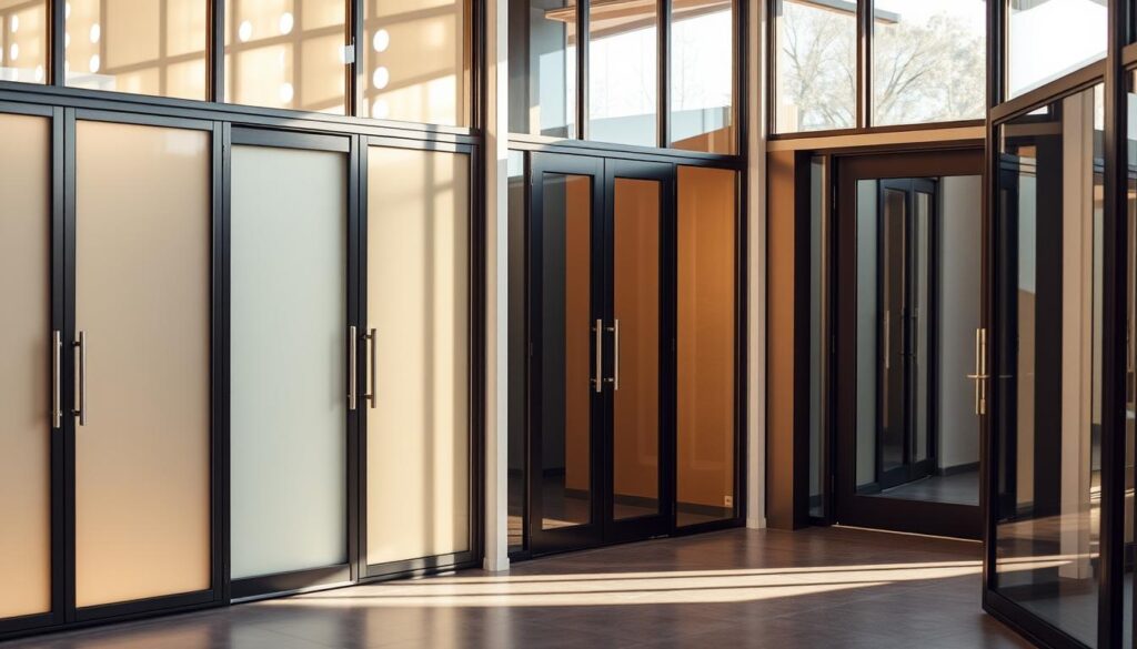 A stylishly curated glass door showroom, bathed in warm, natural lighting that accentuates the sleek, contemporary designs. An array of glass panels in various finishes - from frosted to tinted, with metallic frames in brushed steel and matte black hues. The layout showcases the versatility of the collection, allowing customers to envision how these innovative glass solutions would seamlessly integrate into modern residential and commercial spaces. Subtle reflections on the polished surfaces create a sense of depth and quality craftsmanship. The overall ambiance is one of sophistication and understated elegance, inviting the viewer to explore the extensive customization options available at Glastuerhop24.