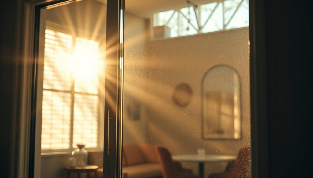 A sun-dappled glass-paned door illuminates a cozy room, the warm light filtering through to create a captivating "lichtausschnitt" - a play of light and shadow that adds depth and ambiance. The door's sleek, frameless design blends seamlessly with the modern, minimalist decor, elevating the space with a touch of sophistication. Subtle reflections dance across the glossy surface, creating a mesmerizing visual experience. The scene exudes a sense of tranquility and natural harmony, inviting the viewer to step inside and bask in the inviting glow.