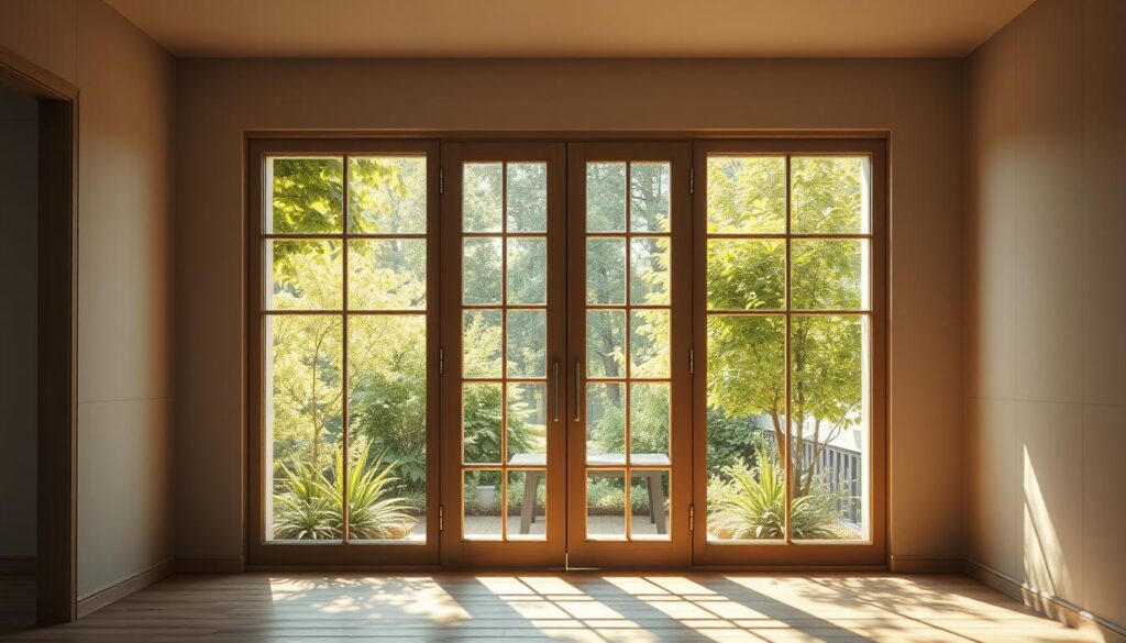 A sun-dappled interior with a glass-paneled door at the center, casting a warm, ethereal "lichtausschnitt" - a play of light and shadow through the translucent panes. The door frames a tranquil garden scene beyond, its verdant foliage and soft natural light creating a serene, inviting atmosphere. The door's sleek, minimalist design is complemented by muted, earthy tones throughout, evoking a sense of understated elegance. Soft, diffused lighting filters in, casting a gentle glow and creating a harmonious blend of indoor and outdoor elements. The overall composition emphasizes the beauty and functionality of the glass-paneled door as a seamless transition between spaces, while capturing the essence of the "Innentüren mit Glas" concept. A sun-dappled interior with a glass-paneled door at the center, casting a warm, ethereal "lichtausschnitt" - a play of light and shadow through the translucent panes. The door frames a tranquil garden scene beyond, its verdant foliage and soft natural light creating a serene, inviting atmosphere. The door's sleek, minimalist design is complemented by muted, earthy tones throughout, evoking a sense of understated elegance. Soft, diffused lighting filters in, casting a gentle glow and creating a harmonious blend of indoor and outdoor elements. The overall composition emphasizes the beauty and functionality of the glass-paneled door as a seamless transition between spaces, while capturing the essence of the "Innentüren mit Glas" concept.