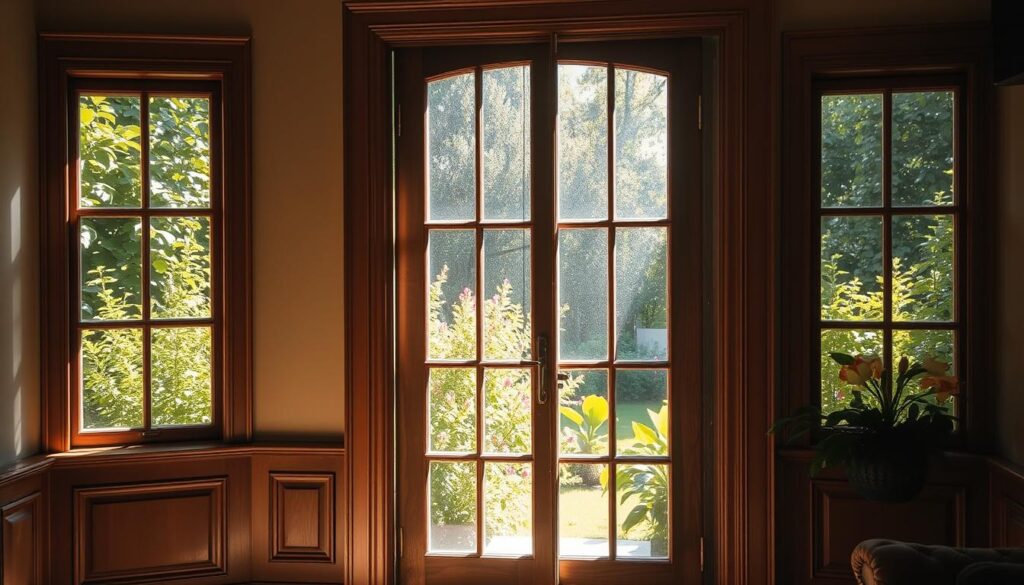 A sun-dappled room, the glass door a shimmering gateway to the outdoors. Soft, diffused light filters through the panes, casting a mesmerizing "lichtausschnitt" – a play of light and shadow that captivates the eye. The door's elegant frame, crafted from rich, warm wood, complements the room's décor, seamlessly blending form and function. Beyond the glass, a verdant garden beckons, its vibrant hues and lush foliage creating a serene, tranquil atmosphere. This striking visual centerpiece elevates the space, transforming a simple room into a refined, harmonious oasis that beckons exploration and relaxation.