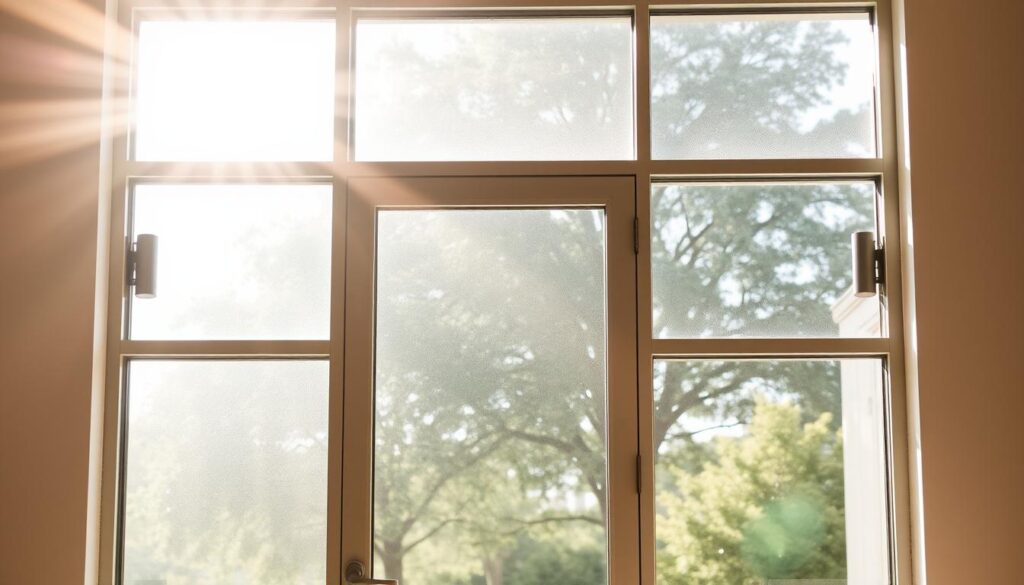 A sun-drenched glass door, its transparent pane glowing with natural light, creates a seamless transition between indoor and outdoor spaces. The door's clean, minimalist design features a sleek, aluminum frame that blends effortlessly into the surrounding environment. The warm, diffused illumination filters through the glass, casting a soft, inviting glow and enhancing the overall sense of spaciousness. Carefully positioned lighting fixtures flank the door, strategically accentuating the door's architectural elegance and amplifying the bright, airy ambiance. The glass door's expansive, unobstructed view offers a captivating glimpse into the world beyond, blurring the boundaries between the interior and exterior realms.