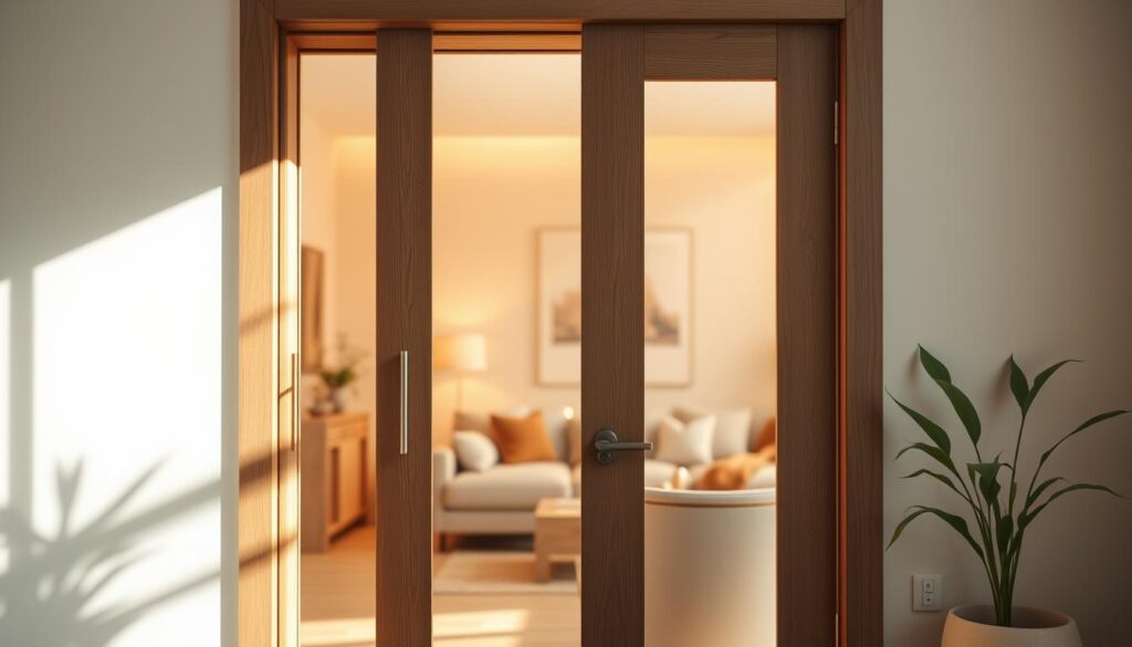 A sunlit, modern interior with a sleek, glass-paneled wooden door in the foreground. The door's clean lines and subtle wood grain create an elegant, minimalist aesthetic. The lighting casts soft, diffused shadows, highlighting the texture and materiality of the door. In the middle ground, a well-appointed living space with warm, neutral tones invites the viewer to imagine the space beyond the door. The background features a blurred, warm-toned environment, suggesting a cozy, comfortable home. The overall scene conveys a sense of refined sophistication and inviting warmth.