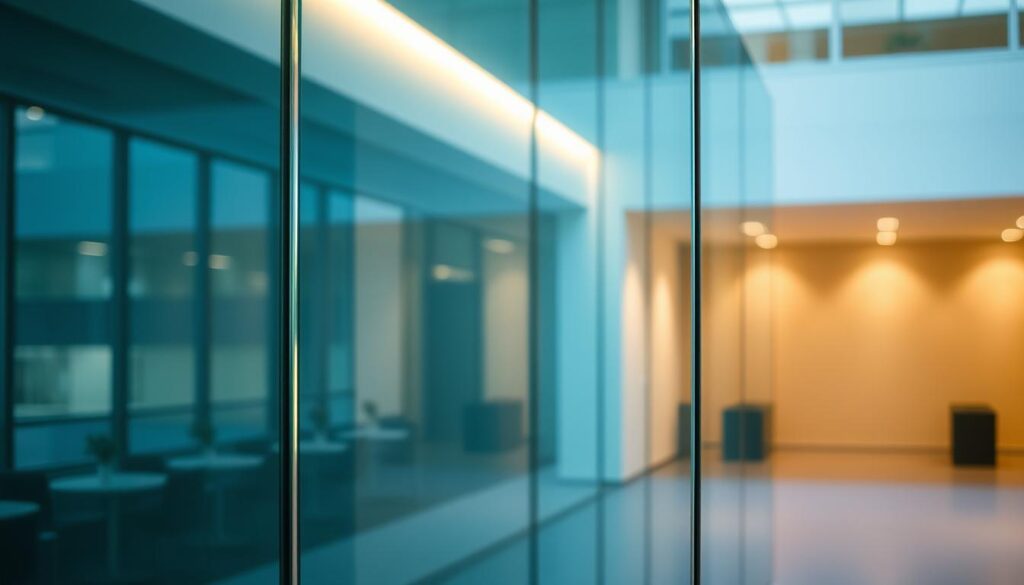 A tempered glass panel with a smooth, reflective surface reflecting the surrounding environment. The glass appears to be frameless, seamlessly integrated into a modern architectural setting. Subtle lighting casts a warm, ambient glow, highlighting the transparency and depth of the glass. The composition emphasizes the material's strength, durability, and suitability for various applications, such as sliding doors, partitions, or protective barriers. The image conveys a sense of minimalist elegance, showcasing the versatility and functionality of "sicherheitsglas" within an interior design context.