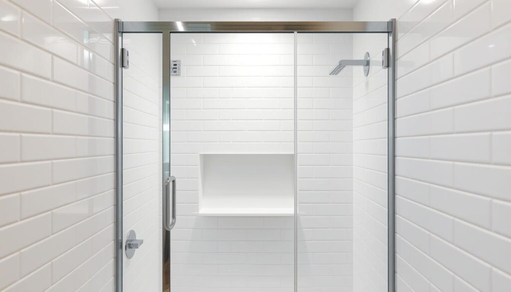 A tiled niche shower enclosure with a frameless glass door, set against a backdrop of minimalist white tiles. Soft, indirect lighting illuminates the sleek, modern design, creating a serene and spa-like atmosphere. The shower features a recessed shelf for storage, providing both functional and aesthetic appeal. The overall composition emphasizes the efficient use of space, making it an ideal solution for a small bathroom. The glass door seamlessly blends with the tiles, creating a cohesive and visually appealing look that can be customized to fit any specific room dimensions or layout.