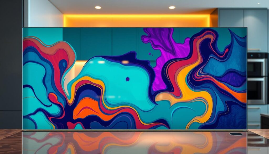 A vibrant, custom-designed glass splash guard for a modern kitchen. In the foreground, a bold, abstract motif in a dynamic, jewel-toned color palette, with fluid shapes and patterns that dance across the glass surface. The midground features a sleek, minimalist kitchen design, with clean lines and muted tones that allow the artwork to take center stage. In the background, a softly blurred view of the kitchen, conveying a sense of place and functionality. Illuminated by warm, directional lighting that casts subtle shadows and highlights the depth and texture of the glass. The overall composition exudes a sense of individuality, creativity, and luxurious design.