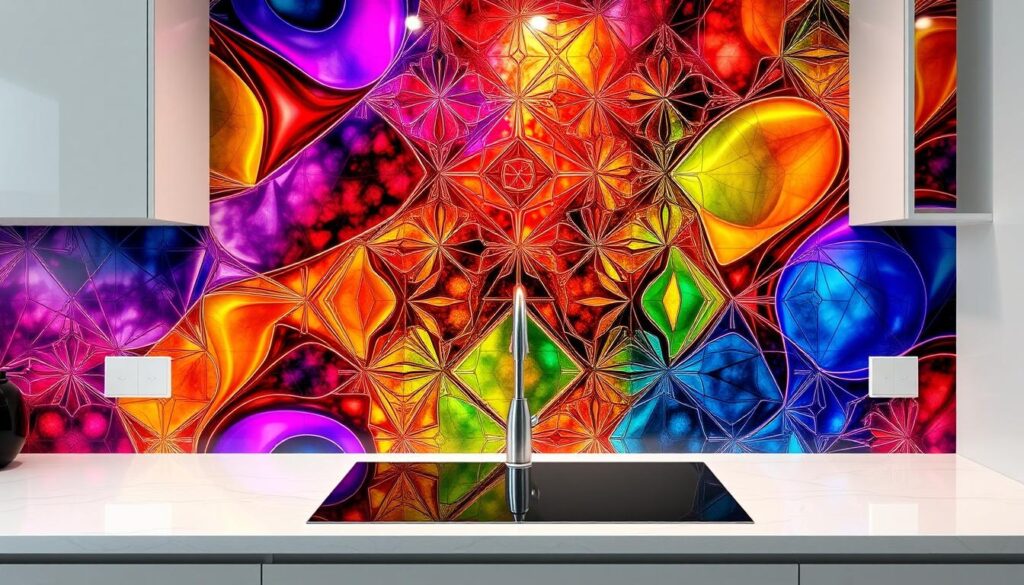 A vibrant kitchen backsplash with a custom "Wunschmotiv" (personalized motif) design. The surface features a mesmerizing pattern of geometric shapes and fluid lines, rendered in a captivating palette of vivid, saturated colors that shimmer with depth and luminosity. The composition balances bold, eye-catching accents with harmonious color transitions, creating a visually striking, yet elegantly cohesive design. Crisp, clean lighting accentuates the backsplash's glossy, reflective qualities, heightening the sense of depth and dimension. Captured at a medium angle, the image showcases the backsplash's seamless integration into the kitchen's overall aesthetic, highlighting its transformative power to elevate the space with a personalized, high-impact design.