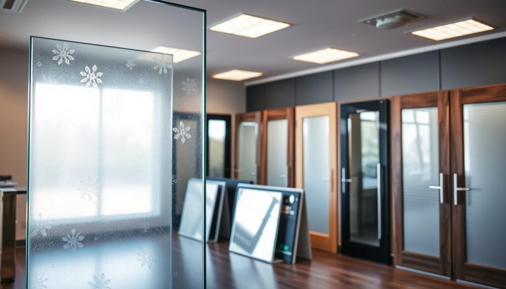 A vibrant, well-lit showroom displaying an assortment of modern glass door variants. In the foreground, a sleek, frameless glass door with subtle etched patterns, reflecting the room's ambient lighting. In the middle ground, various glass door designs in different textures and tints, such as frosted, tinted, and clear. The background showcases a range of door hardware finishes, including brushed chrome, matte black, and natural wood. The overall atmosphere exudes a sense of elegance, highlighting the versatility and craftsmanship of the customizable glass door options.