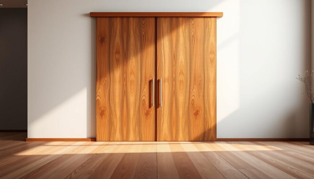 A vibrant wooden sliding door, the focal point of a modern, minimalist interior. The natural grain and intricate texture of the wood surface take center stage, bathed in warm, directional lighting that casts gentle shadows and highlights the craftsmanship. In the foreground, the smooth, sleek lines of the door frame draw the eye, while the background features a clean, neutral palette that allows the wood's beauty to shine. The overall atmosphere is one of sophistication, with a touch of rustic charm, perfectly capturing the essence of "Ihre Schiebetür aus Holz - Individuelle Lösungen von Glastuerhop24" and the "Design, Dekore und Maßanfertigung nach Wunsch" section.