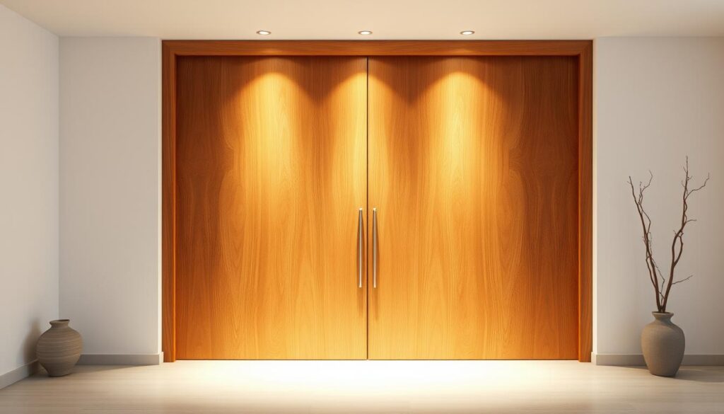 A warm and inviting wooden sliding door in a modern, minimalist interior. The door is crafted from rich, natural wood grains, with a sleek, seamless design that blends effortlessly into the surrounding walls. Soft, diffused lighting casts a gentle glow, highlighting the door's textural details and creating a cozy, atmospheric ambiance. The door is positioned in the middle ground, framed by clean, uncluttered walls and a neutral color palette, drawing the eye to its elegant simplicity. The overall composition conveys a sense of tranquility and refined sophistication, perfectly suited for a contemporary home or office space.