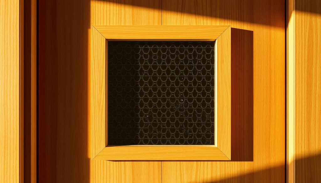 A warm, well-lit close-up of a glass insert in a wooden interior door, showcasing the intricate details and textures. The glass panel is framed by a sleek, minimalist wooden surround, allowing the natural beauty of the materials to shine. Soft, directional lighting casts subtle shadows, creating depth and dimension. The overall composition highlights the craftsmanship and aesthetic appeal of this high-quality door solution, ideal for modern living spaces.