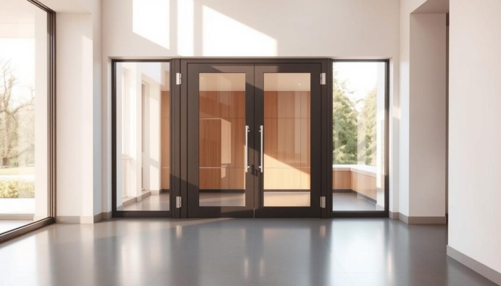A well-crafted, bespoke glass door in a bright, airy room with clean lines and sleek, modern design. The door is the focal point, illuminated by natural light streaming through large windows, creating a warm, inviting atmosphere. The door's glass panels are flawlessly installed, seamlessly integrated into the surrounding architecture. Subtle reflections on the glass surface add depth and texture, while the door's hardware - hinges, handles, and framing - are minimalist and high-quality. The overall scene conveys a sense of sophistication, attention to detail, and the perfect balance of form and function.