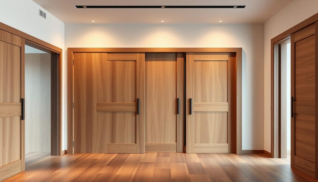 A well-crafted interior with an assortment of elegant wooden sliding door variants in a modern, minimalist style. The scene features a range of wood grains, textures, and finishes, showcasing the versatility and design possibilities of custom-made wooden sliding doors. Warm, soft lighting illuminates the space, accentuating the natural beauty of the wood and creating a cozy, inviting atmosphere. The composition emphasizes the sleek, seamless integration of the sliding doors within the overall interior design, highlighting their functional and aesthetic appeal. The perspective provides a comprehensive overview of the different sliding door styles, allowing the viewer to appreciate the nuanced details and design variations.