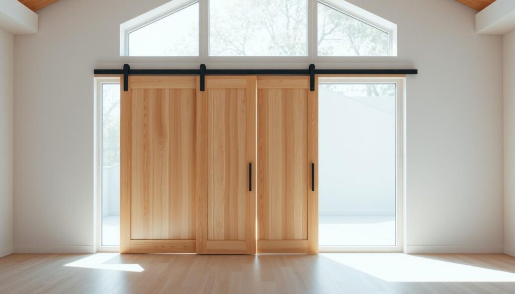 A well-crafted wooden sliding door in a bright, airy interior. The door panels are made of high-quality, light-colored wood with a natural grain texture, framed by a sleek, minimalist metal track system. Soft, diffused sunlight filters through large windows, casting a warm, inviting glow across the scene. The door's smooth, effortless sliding motion is the centerpiece, showcasing its functionality and aesthetic appeal. The overall atmosphere is one of modern, Scandinavian-inspired design, highlighting the beauty and versatility of wooden sliding doors as a practical and stylish solution for seamless space division in the home.
