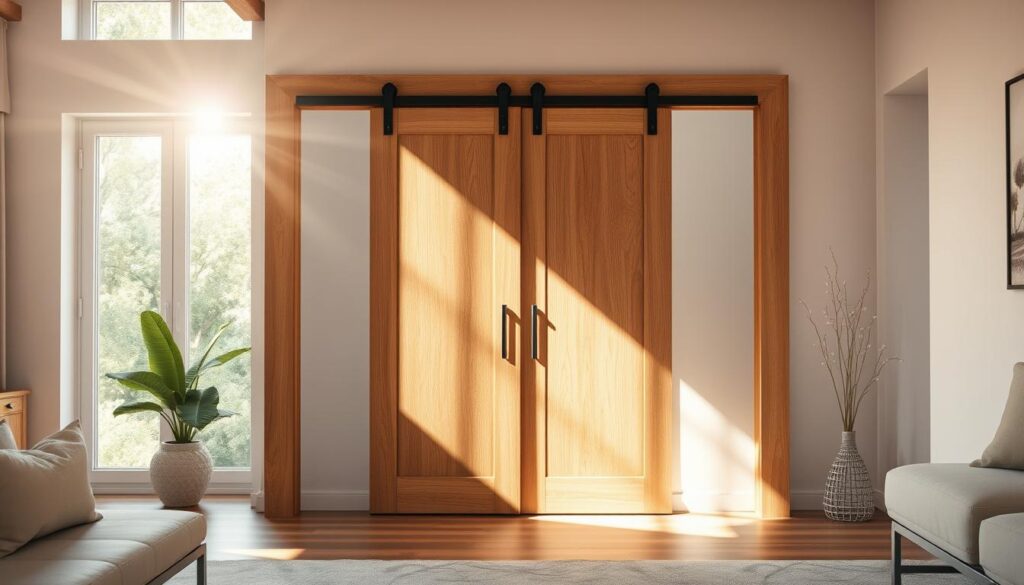 A well-crafted wooden sliding door in a bright, airy room. The door features a clean, minimalist design with a natural wood grain texture. Sunlight streams through large windows, casting a warm, inviting glow across the scene. The door is seamlessly integrated into the room's decor, complementing the neutral color palette and modern furnishings. The composition emphasizes the door's functionality and aesthetic appeal, showcasing its versatility as a practical and visually appealing architectural element. A sense of tranquility and sophistication permeates the atmosphere, highlighting the beauty and versatility of a wooden sliding door.