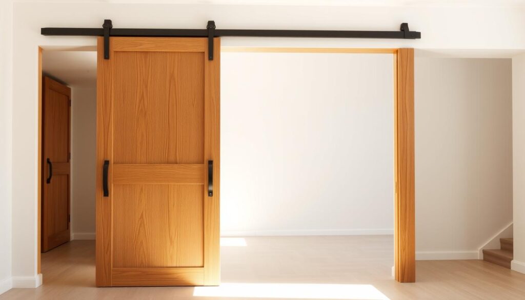 A well-crafted wooden sliding door, its smooth surface reflecting the warm glow of natural lighting. The frame features intricate joinery, a testament to skilled craftsmanship. The door glides effortlessly along a sturdy track, its mechanism expertly installed for seamless operation. In the background, a clean, minimalist interior sets the stage, allowing the sliding door to take center stage as the focal point. The overall scene conveys a sense of elegant simplicity, highlighting the versatility and timeless appeal of this particular home accessory.