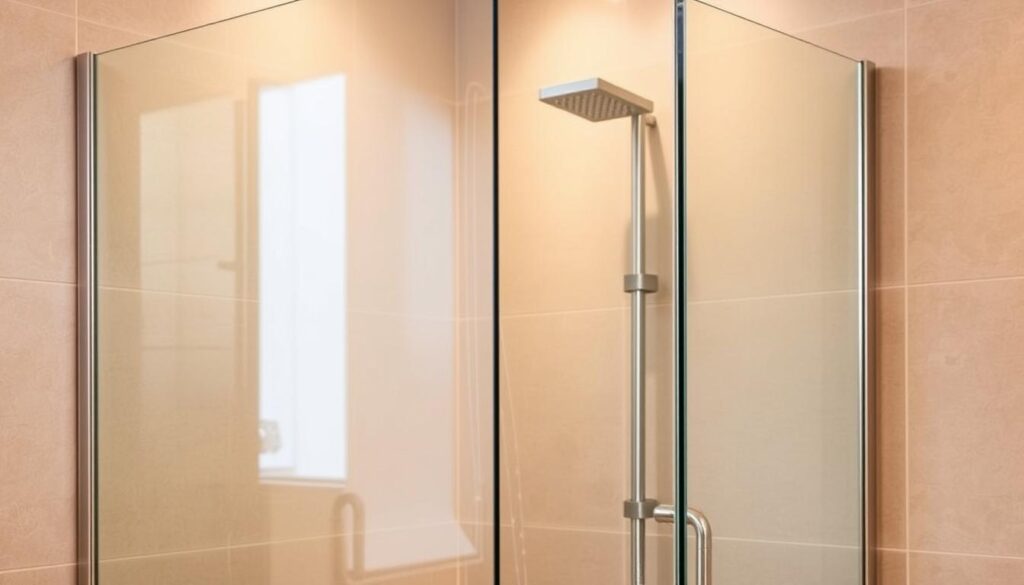 A well-designed shower enclosure with a modern, sleek glass door, framed in brushed metal. The glass panels reflect the warm lighting, creating a sense of spaciousness and luxury. The enclosure is seamlessly integrated into the bathroom's tiled walls, optimizing the use of the available space. The shower head is positioned to provide a refreshing, cascading water flow. The overall atmosphere is one of tranquility and relaxation, inviting the user to enjoy a rejuvenating shower experience.
