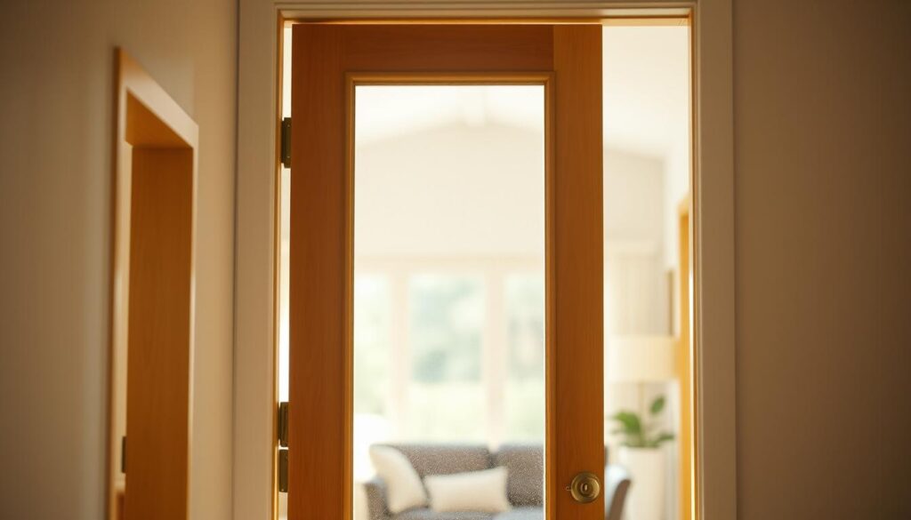 A well-lit and airy residential interior, featuring a glass insert in the center of a wooden door frame. The glass panel allows natural sunlight to filter through, creating a warm, inviting ambiance. The door's design showcases clean lines and a minimalist aesthetic, complementing the surrounding decor. The room beyond the door is slightly blurred, hinting at the expanded sense of space and illumination the glass insert provides. Soft, diffused lighting casts a gentle glow, emphasizing the transparency and reflective qualities of the glass. The overall scene conveys a refined, sophisticated atmosphere that elevates the style and functionality of the living space.