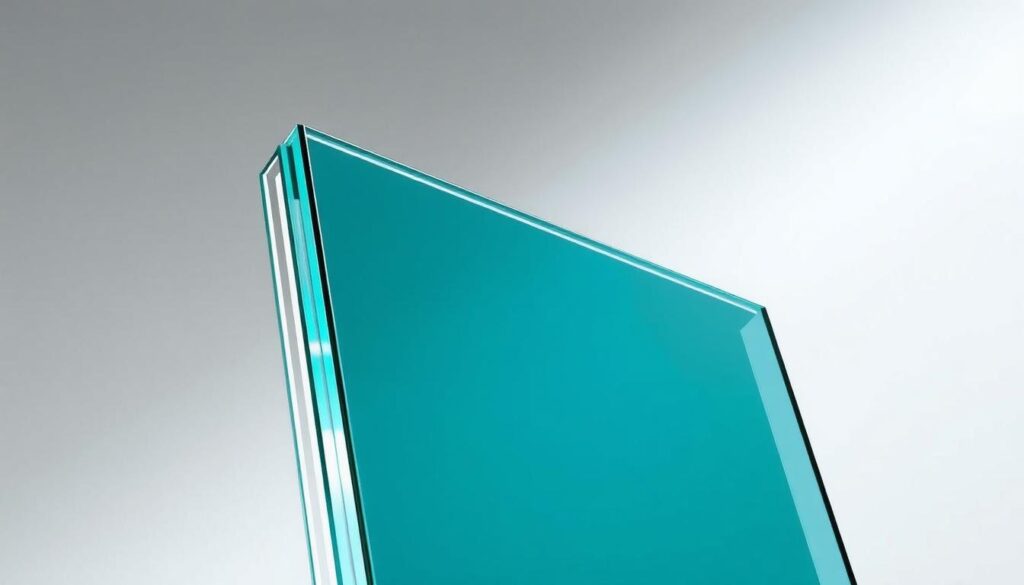 A well-lit and detailed architectural rendering of a tempered glass panel, showcased against a neutral background. The glass appears to be a high-quality safety glass, with a smooth, seamless surface and clean edges. The lighting creates a sense of depth and highlights the clarity and strength of the material. The image should convey a sense of quality, durability, and adherence to safety standards, aligning with the section title "Glassicherheit und Qualität: ESG/VSG nach aktuellen Standards".