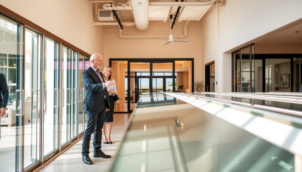 A well-lit and inviting glass door showroom, with a focus on high-quality sliding door solutions. The foreground features a range of expertly crafted glass doors, their clean lines and seamless designs reflecting the sophistication of the space. In the middle ground, a knowledgeable sales consultant gestures towards the displays, guiding a customer through the selection process. The background showcases a warm, modern interior, with natural light flooding the room and enhancing the transparency and elegance of the glass elements. The overall atmosphere conveys a sense of professionalism, attention to detail, and a commitment to providing a exceptional customer experience.