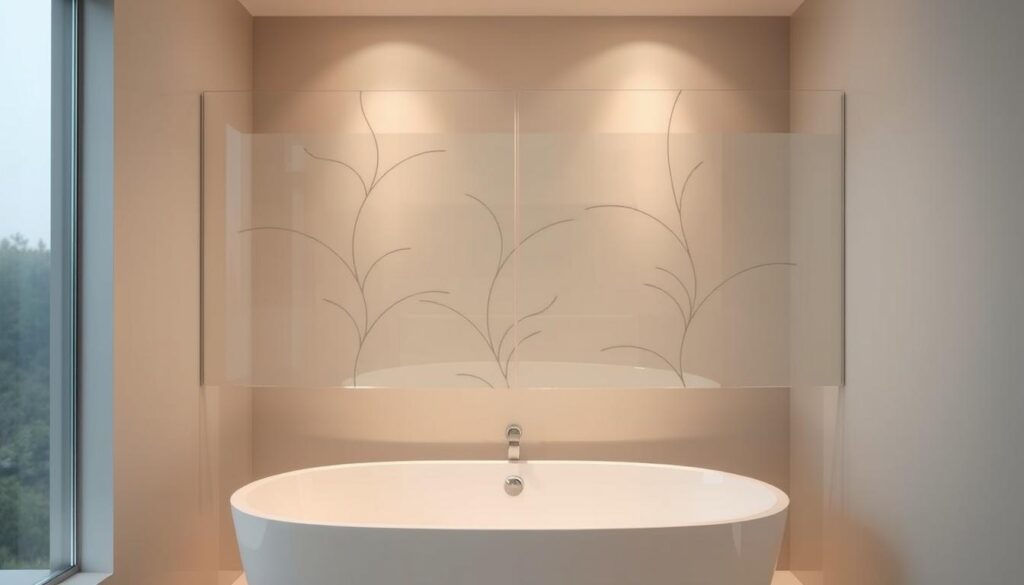 A well-lit bathroom interior, the focal point being a modern, minimalist glass shower partition elegantly integrated into a freestanding bathtub. The partition's clean lines and seamless transition from tub to shower create a harmonious, spa-like ambiance. Soft, diffused lighting emanates from hidden fixtures, casting a warm, inviting glow. The glass panels are adorned with a subtle, abstract pattern that plays with light and shadow, adding visual interest. The overall scene conveys a sense of relaxation, luxury, and effortless functionality, perfectly showcasing the versatility and design possibilities of a custom shower partition for a bathtub.