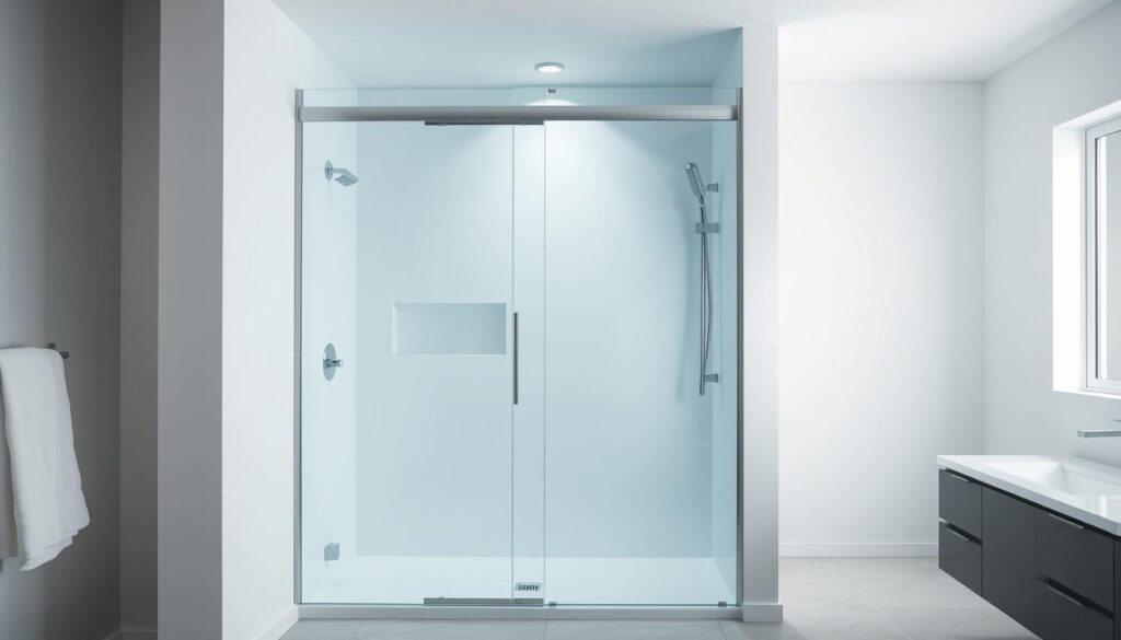 A well-lit bathroom interior with a sleek, modern shower enclosure taking center stage. The glass panels are arranged in a seamless, modular design, showcasing the versatility of customizable shower systems. The lighting is soft and diffused, creating a serene ambiance. The shower door opens effortlessly, hinting at the ease of installation. In the background, a minimalist vanity and tile flooring complement the overall aesthetic. The scene conveys a sense of simplicity, functionality, and high-end craftsmanship, suitable for a professional or DIY bathroom renovation project.