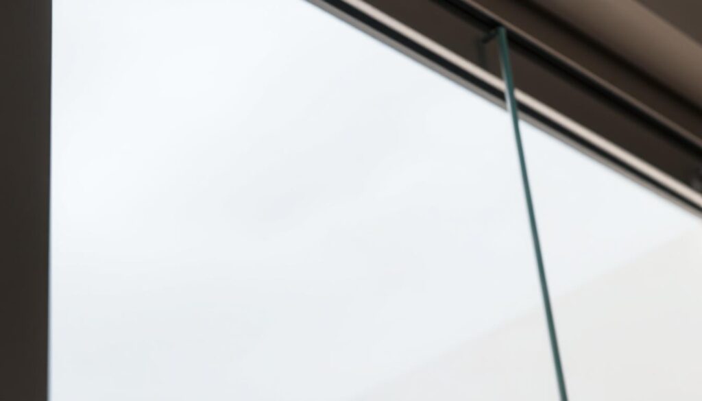 A well-lit, close-up photograph of a modern glass door panel, showcasing its elegant design and high-quality materials. The glass pane is tinted with a subtle gray hue, allowing soft, natural light to filter through and create a warm, inviting atmosphere. The door frame is crafted from sleek, brushed aluminum, providing a clean, contemporary aesthetic. The camera angle highlights the seamless integration of the glass and frame, emphasizing the attention to detail and craftsmanship. The overall composition draws the viewer's eye to the intricate textures and details of the "lichtausschnitt" feature, capturing the essence of modern, customizable glass door design.