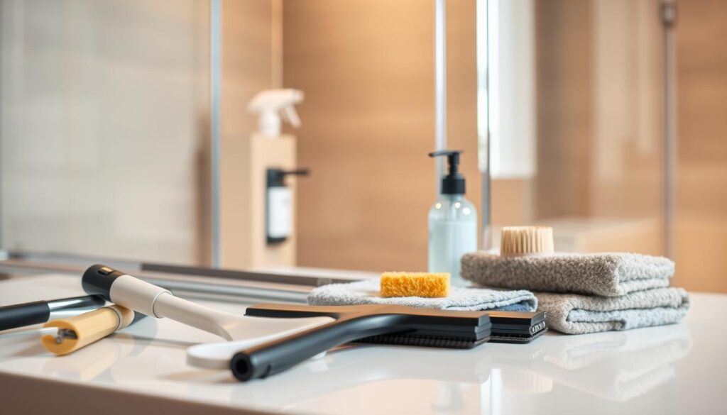 A well-lit, close-up scene of various accessories for maintaining and caring for a glass shower enclosure. In the foreground, a set of squeegees, sponges, and microfiber cloths are neatly arranged, their textures and materials clearly visible. In the middle ground, a bottle of glass cleaner and a small scrub brush sit on a sleek, minimalist bathroom countertop, reflecting the elegant design of the shower. The background features the glass panels of the shower, their crystal-clear surfaces gleaming under the warm, indirect lighting. The overall composition conveys a sense of order, efficiency, and attention to detail, perfectly capturing the idea of "Zubehör, Pflege und Langlebigkeit" for a high-quality glass shower enclosure.