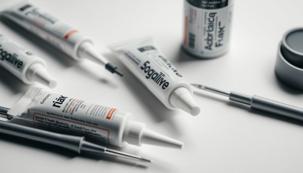 A well-lit, close-up shot of a montage of adhesive tubes and applicators arranged on a clean, minimalist surface. The tubes display clear labels and branding, suggesting a professional, high-quality product. The scene is captured from a slightly elevated angle, creating a sense of perspective and drawing the viewer's attention to the intricate details of the materials. The lighting is soft and diffused, creating subtle shadows that accentuate the textures and shapes of the objects. The overall mood is one of precision, efficiency, and a focus on the essential tools required for an effortless installation process.