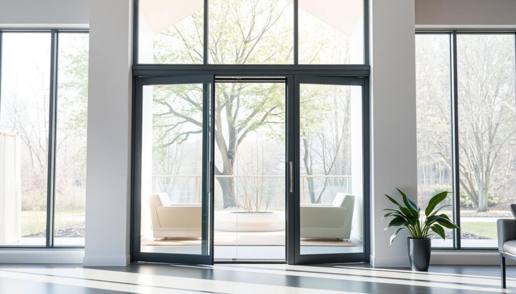 A well-lit, contemporary glass pivoting door in a bright, airy interior. The door is made of tempered glass panels with a sleek, minimalist frame, showcasing the material's transparency and elegant simplicity. The door is flanked by large windows, allowing natural light to flood the space and creating a seamless, open flow between indoors and outdoors. The scene captures the door's functionality, highlighting its effortless pivot mechanism and the way it seamlessly integrates into the modern, high-end design of the room. The overall atmosphere is one of sophistication, comfort, and a connection to the outside world.