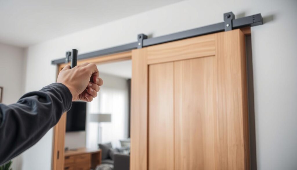 A well-lit, detailed close-up shot of the installation process for a high-quality wooden sliding door. The foreground shows the clean, seamless mounting of the door frame and hardware, with a focus on the precision and care taken during assembly. The middle ground reveals the smooth, natural wood grain and elegant design of the sliding door itself. The background provides a minimalist, slightly blurred interior setting, emphasizing the integration of the sliding door into a modern, sophisticated living space. The overall mood is one of professionalism, quality, and attention to detail, reflecting the expertise and reliability promised in the article's section title.