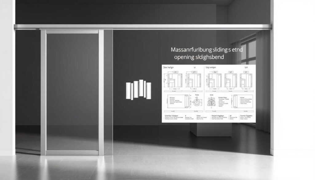 A well-lit, detailed illustration of a tailor-made sliding door system, showcasing the range of customizable opening heights. The foreground features a sleek, modern glass door panel in various sizes, subtly framed by a minimalist metal structure. The middle ground displays an array of measurement diagrams and technical specifications, highlighting the precision engineering involved in these bespoke solutions. The background subtly suggests an elegant, contemporary interior space, allowing the craftsmanship of the door system to take center stage. Crisp lighting and a focus on clean lines convey a sense of sophistication and attention to detail, perfectly aligning with the theme of "Maßanfertigung, Größen und Ausstattung".