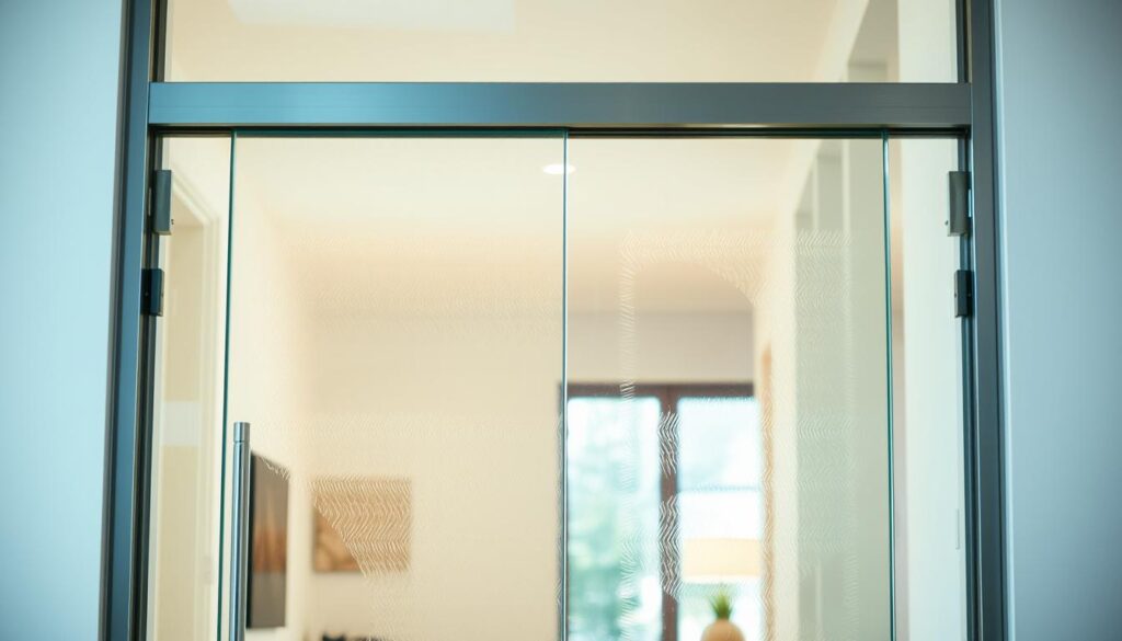 A well-lit, elegantly designed glass swing door in a modern interior setting. The door features a minimalist, frameless design with clear, high-quality tempered glass that allows natural light to flow through. The glass surface has a subtle, tasteful laser-etched pattern, adding a touch of visual interest and texture. The door is flanked by sleek, metallic hinges that seamlessly integrate with the overall aesthetic. The room beyond the door is visible, creating a sense of openness and flow. The lighting is soft and diffused, creating a warm, inviting atmosphere. The camera angle captures the door at an eye-level perspective, highlighting its clean lines and premium quality.
