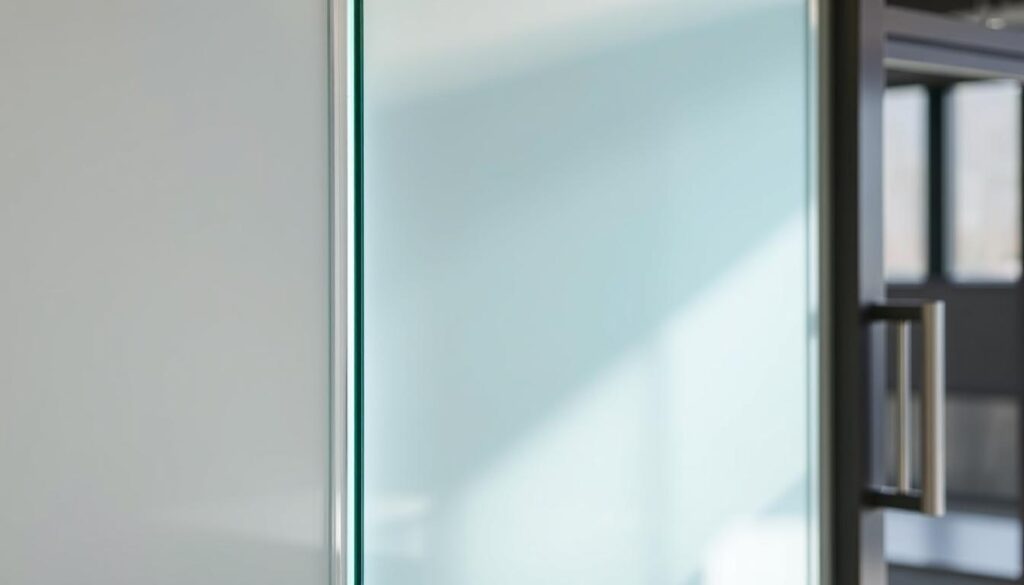 A well-lit, high-quality close-up view of various glass wall panel designs, showcasing a range of textures, tints, and styles. The foreground features a clear glass panel with a modern, minimalist aesthetic, while the middle ground showcases a frosted, satin-finished glass panel that diffuses light beautifully. In the background, a darker tinted glass panel with an industrial-inspired metal frame creates a sleek, contemporary look. The lighting is soft and natural, highlighting the depth, transparency, and reflective qualities of the glass. The overall scene conveys a sense of elegance, sophistication, and design versatility.