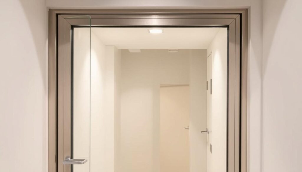 A well-lit, high-quality glass door with a sleek, tempered glass panel set in a sturdy metal frame. The glass has a subtle, distortion-free transparency, allowing a clear view through it. The door is installed flush with the surrounding wall, creating a seamless, modern appearance. The metallic frame has a brushed, satin finish, complementing the glass panel and providing a sense of durability and security. The lighting, captured from an angle that showcases the door's functionality and design, casts a soft, even glow, illuminating the space beyond the threshold. The overall scene conveys a sense of safety, sound insulation, and precise, professional installation.