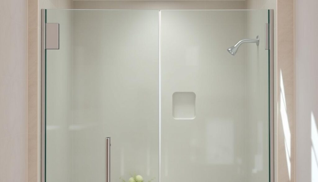 A well-lit, high-quality glass shower door in a modern bathroom setting. The door features a sleek, frameless design with a smooth, transparent glass panel that allows natural light to flow through. The glass has a clean, flawless appearance, with no visible scratches or imperfections. The door is installed in a recessed alcove, creating a seamless integration with the surrounding tile or stone walls. The overall scene conveys a sense of elegance, minimalism, and functionality, perfectly suited for a contemporary, high-end bathroom interior.