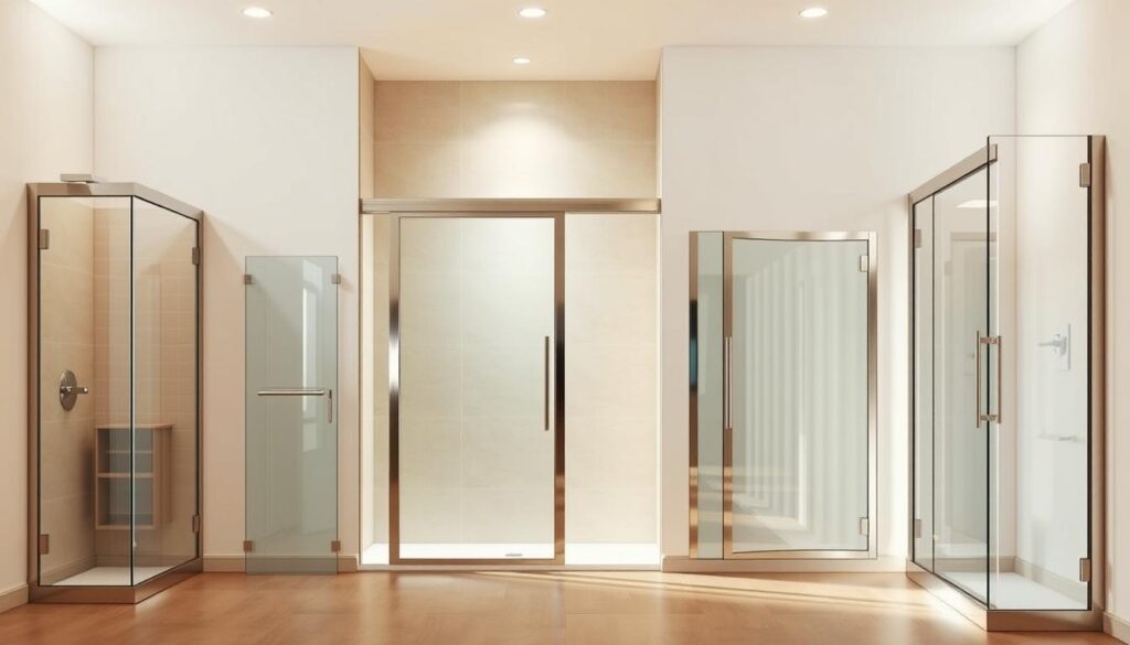 A well-lit, high-quality interior scene showcasing a range of modern shower door systems. In the foreground, a sleek, frameless glass sliding door glides open, revealing a luxurious shower enclosure. Surrounding it, various shower door styles are displayed, including a hinged pivot door, a bi-fold door, and a frameless swing door, all crafted with precision and attention to detail. The lighting is warm and natural, accentuating the clean lines and transparent surfaces of the glass components. The overall atmosphere conveys a sense of sophistication and functional elegance, suitable for a high-end bathroom design.