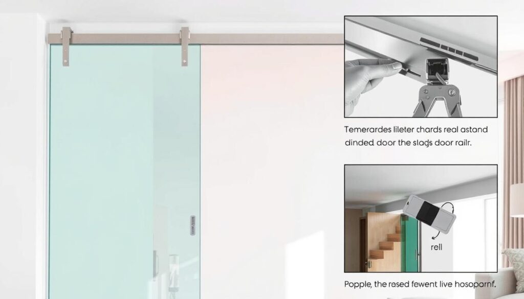 A well-lit, high-quality montage of a modern, sleek glass sliding door system. The door is made of tempered, transparent glass panels that glide effortlessly along a sturdy, brushed aluminum track. The background showcases a minimalist, contemporary interior setting, with clean lines and neutral tones that complement the glass door. The camera captures the installation process, highlighting the ease of wall or ceiling mounting, as well as the secure delivery of the custom-ordered unit. The overall atmosphere conveys a sense of precision, sophistication, and seamless integration of the glass sliding door into the living space.