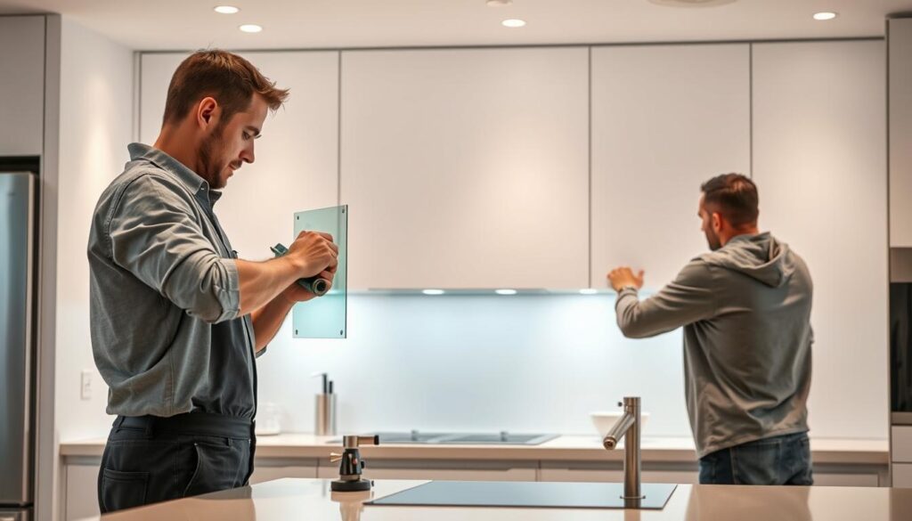 A well-lit, high-quality photograph of a professional glass installation process. The foreground shows a skilled worker carefully measuring and cutting a sheet of tempered safety glass using specialized tools. The middle ground depicts the worker meticulously aligning the glass panel into a sleek kitchen backsplash frame, with attention to seamless fit and finish. The background showcases a modern, minimalist kitchen interior, highlighting the clean, streamlined aesthetic of the installed glass panel. Soft, directional lighting from multiple angles creates depth and emphasizes the clarity and resilience of the tempered safety glass. The overall scene conveys a sense of precision, craftsmanship, and the care taken in providing a premium glass solution for kitchen applications.