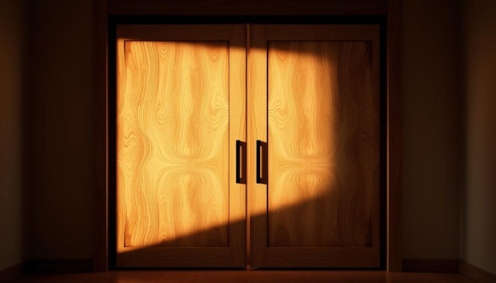 A well-lit, high-quality photograph of a wooden sliding door, showcasing its intricate grain patterns and natural beauty. The door is the central focus, positioned slightly off-center to create a sense of balance and visual interest. The background is softly blurred, allowing the door to take center stage. The lighting is warm and inviting, gently illuminating the wood's rich tones and adding depth to the image. The camera angle is slightly elevated, capturing the door's full height and emphasizing its elegant, minimalist design. An air of sophistication and craftsmanship permeates the scene, reflecting the quality and attention to detail that goes into creating a custom, made-to-order wooden sliding door.