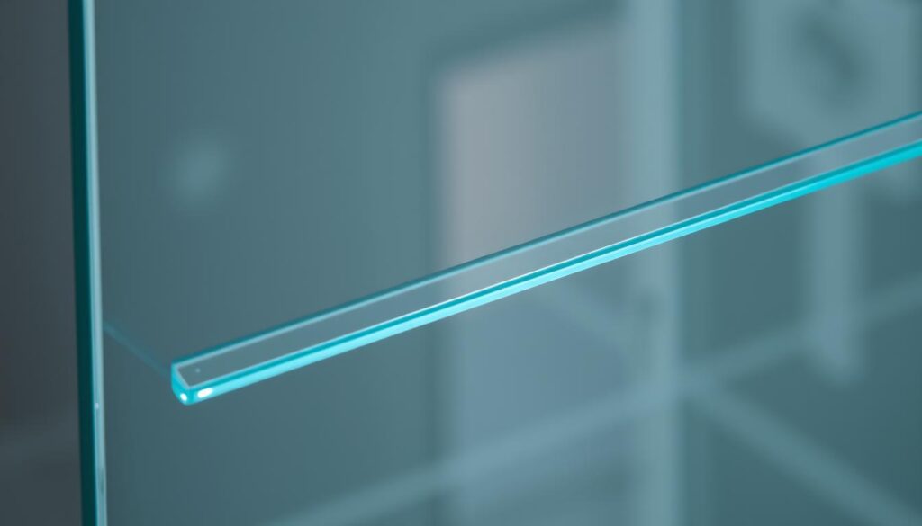 A well-lit, high-resolution close-up shot of tempered safety glass, showcasing its sleek, modern appearance and shatter-resistant properties. The glass surface reflects the surrounding environment, creating a sense of depth and transparency. The edges of the glass panel are slightly beveled, highlighting its premium construction. Subtle highlights and shadows accentuate the glass's smooth, unblemished texture, conveying a sense of durability and quality. The overall composition emphasizes the glass's clarity, strength, and suitability for use in high-traffic areas such as shower enclosures.