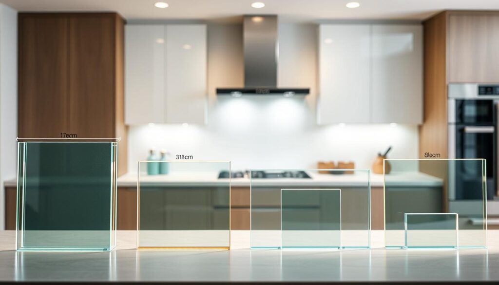 A well-lit, high-resolution image of glass panels in various shapes and sizes, showcasing the versatility of custom glass solutions for kitchen splashbacks. The foreground features precisely measured square, rectangular, and custom-cut glass pieces, their edges cleanly finished. The middle ground depicts the glass panels in different frame arrangements, highlighting how they can be combined to create a cohesive, tailored design. The background subtly depicts a modern kitchen setting, providing context without distracting from the central focus on the glass splashback options. The overall scene conveys a sense of elegant simplicity, emphasizing the quality and flexibility of the glass products.