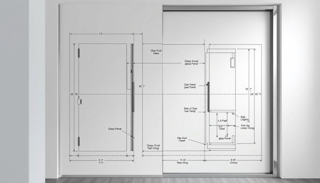 A well-lit, high-resolution photograph of a detailed technical diagram showcasing the process of measuring and assessing the dimensions of a glass door with its frame. The diagram should be meticulously rendered, highlighting precise measurements, technical specifications, and the various components involved, such as the glass panel, hinges, and seals. The overall composition should convey a sense of precision, professionalism, and attention to detail, reflecting the expertise and care required for custom glass door installations. The image should have a clean, minimalist aesthetic, with a neutral background that allows the technical information to be the focal point.