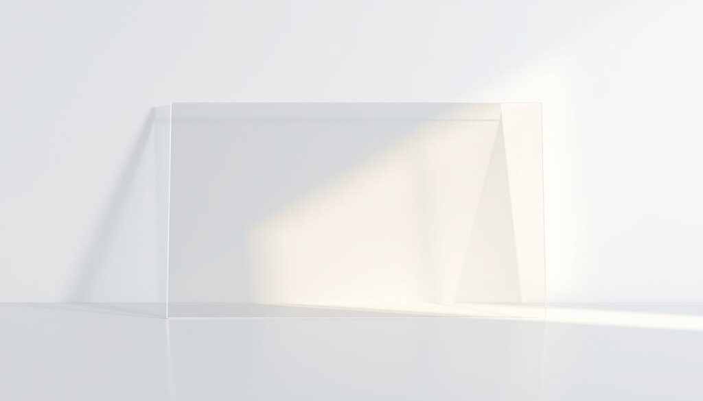 A well-lit, high-resolution still life composition showcasing a sleek, modern sheet of pristine acrylglass. The acrylic material reflects the studio lighting, casting subtle refractions and highlights across its glossy surface. The sheet is positioned centrally in the frame, capturing its depth and thickness from an eye-level perspective. The background is a simple, neutral tone that allows the acrylglass to be the focal point, emphasizing its material properties and inherent visual appeal. The lighting is soft and diffused, creating an elegant, studio-quality aesthetic that accentuates the clarity and purity of the acrylglass.